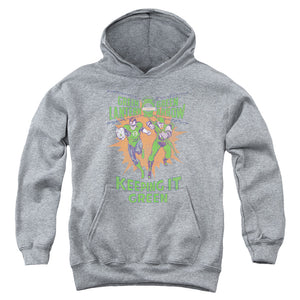 AN OFFCIALLY LICENSED GREEN LANTERN KEEPING IT GREEN YOUTH HOODIE ATHLETIC HEATHER