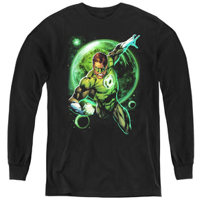 AN OFFCIALLY LICENSED GREEN LANTERN GALAXY GLOW YOUTH LONG SLEEVE T-SHIRT BLACK