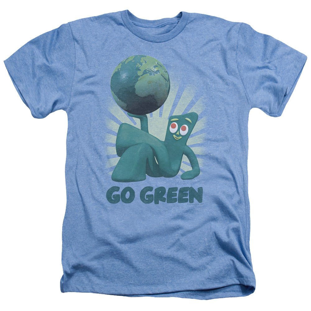 AN OFFCIALLY LICENSED GUMBY GO GREEN MEN'S HEATHER T-SHIRT LIGHT BLUE