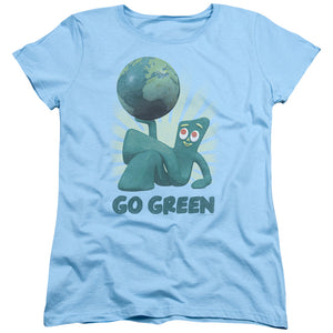 AN OFFCIALLY LICENSED GUMBY GO GREEN WOMEN'S REGULAR FIT T-SHIRT LIGHT BLUE