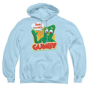 AN OFFCIALLY LICENSED GUMBY FUN & FLEXIBLE ADULT UNISEX PULLOVER HOODIE LIGHT BLUE