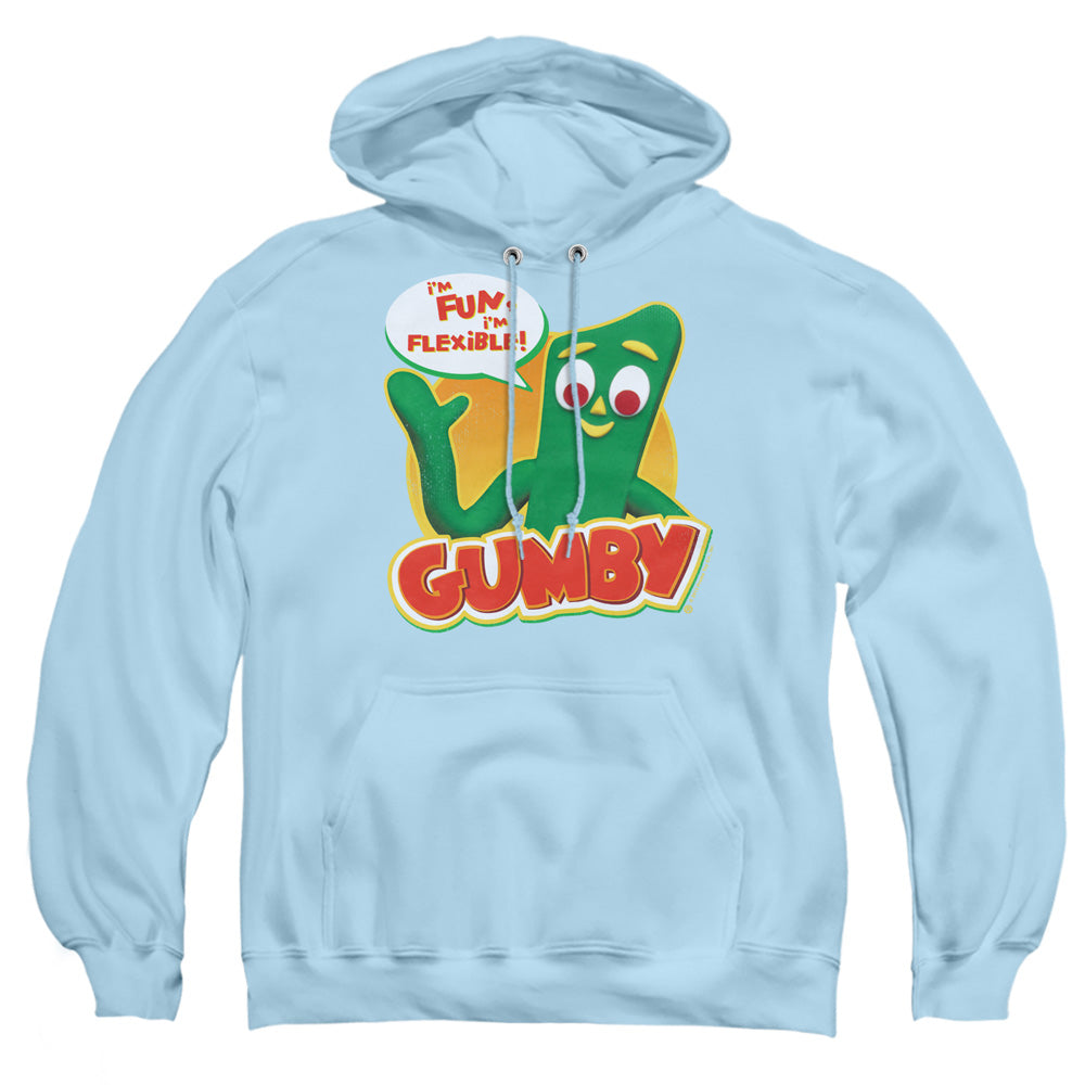 AN OFFCIALLY LICENSED GUMBY FUN & FLEXIBLE ADULT UNISEX PULLOVER HOODIE LIGHT BLUE