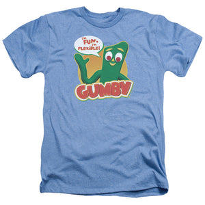 AN OFFCIALLY LICENSED GUMBY FUN & FLEXIBLE MEN'S HEATHER T-SHIRT LIGHT BLUE