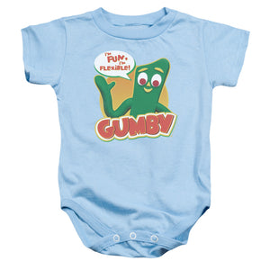 AN OFFCIALLY LICENSED GUMBY FUN & FLEXIBLE BABY BODYSUIT LIGHT BLUE
