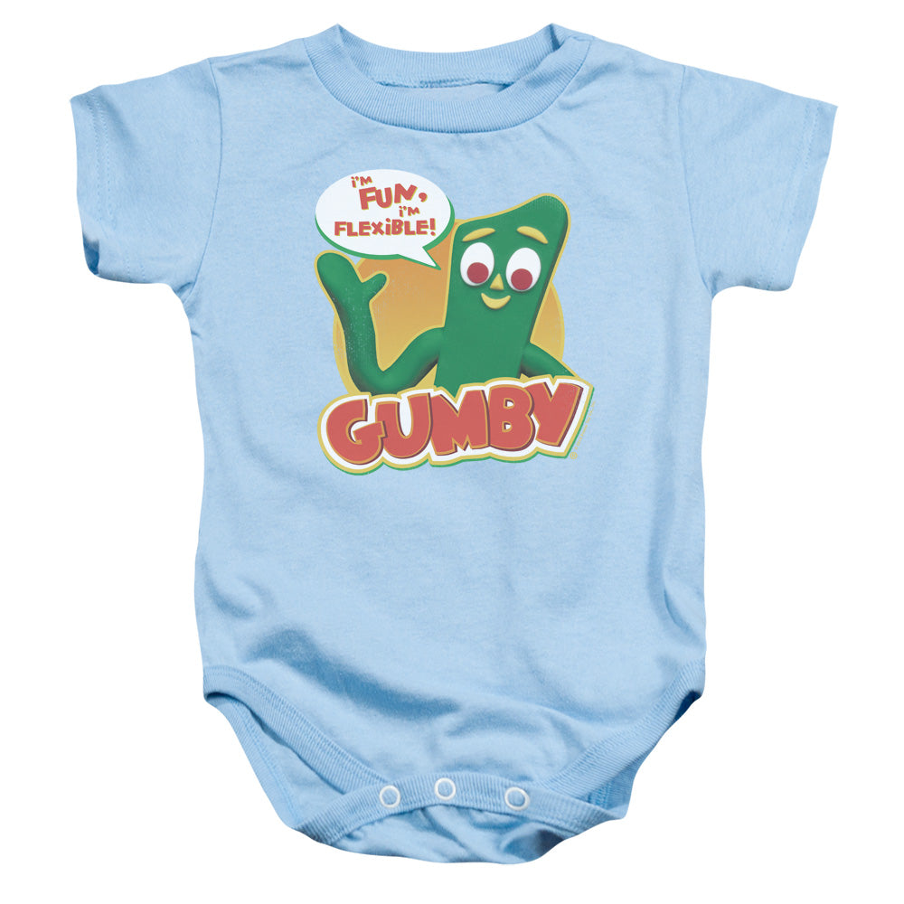 AN OFFCIALLY LICENSED GUMBY FUN & FLEXIBLE BABY BODYSUIT LIGHT BLUE
