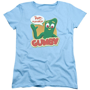 AN OFFCIALLY LICENSED GUMBY FUN & FLEXIBLE WOMEN'S REGULAR FIT T-SHIRT LIGHT BLUE