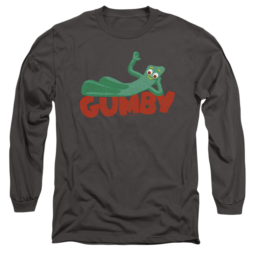 AN OFFCIALLY LICENSED GUMBY ON LOGO MEN'S LONG SLEEVE T-SHIRT CHARCOAL