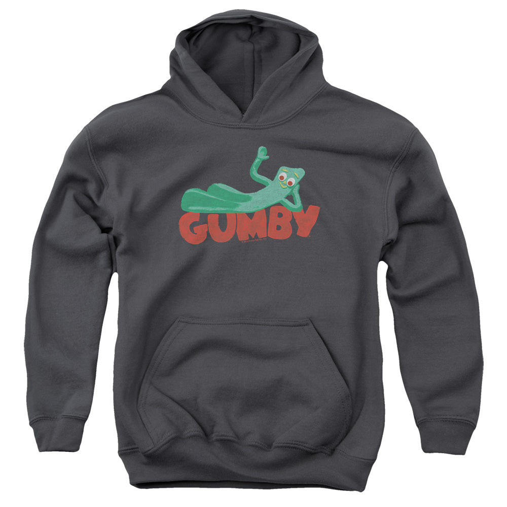 AN OFFCIALLY LICENSED GUMBY ON LOGO YOUTH HOODIE CHARCOAL