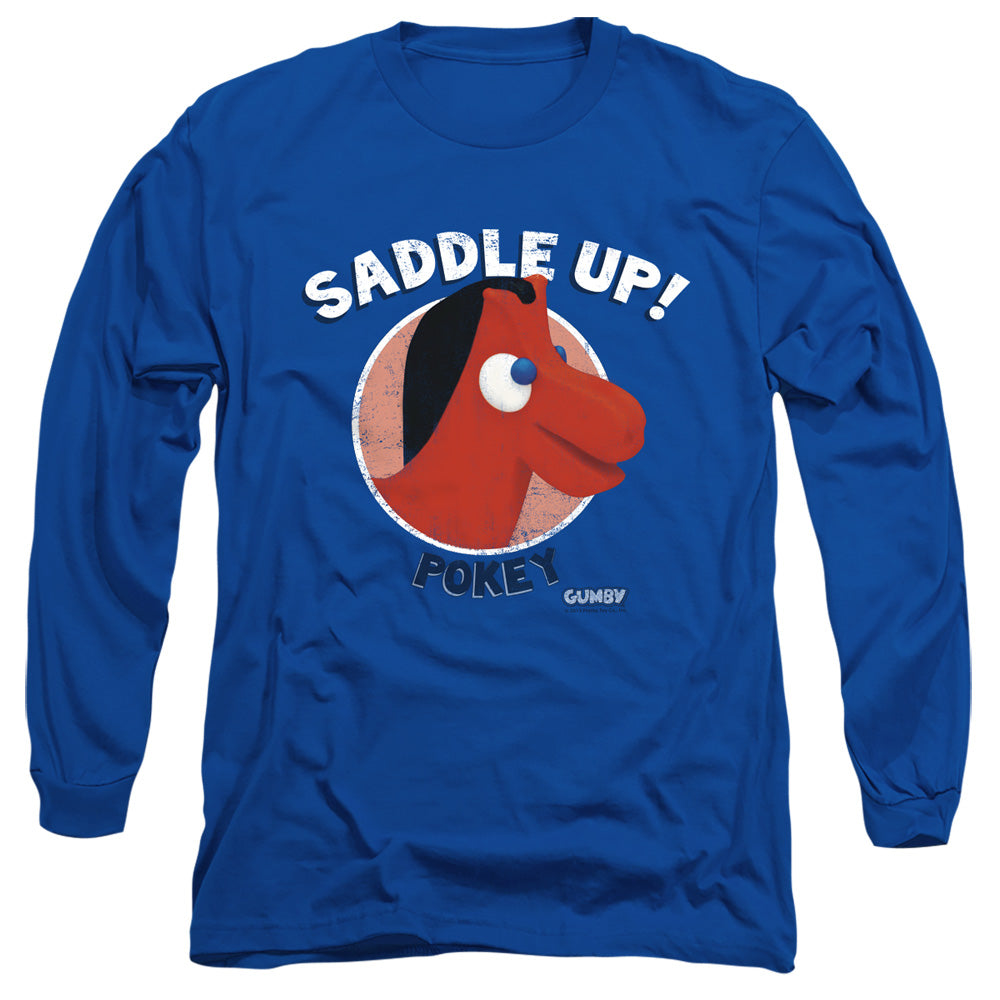 AN OFFCIALLY LICENSED GUMBY SADDLE UP MEN'S LONG SLEEVE T-SHIRT ROYAL