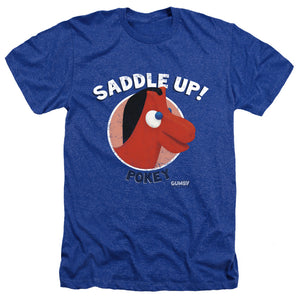 AN OFFCIALLY LICENSED GUMBY SADDLE UP MEN'S HEATHER T-SHIRT ROYAL