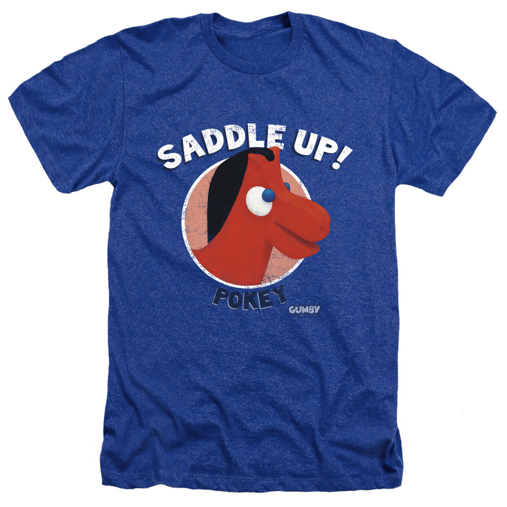 AN OFFCIALLY LICENSED GUMBY SADDLE UP MEN'S HEATHER T-SHIRT ROYAL