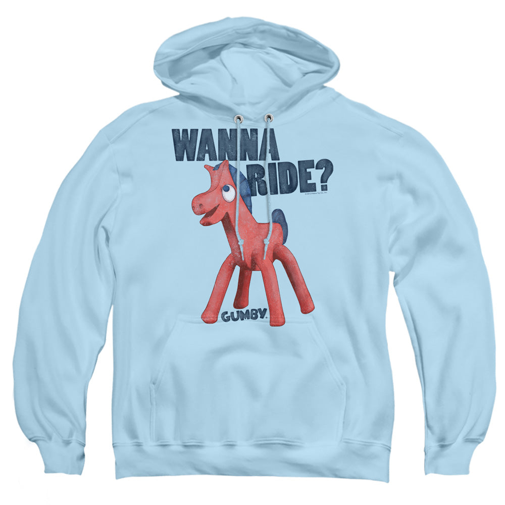 AN OFFCIALLY LICENSED GUMBY WANNA RIDE ADULT UNISEX PULLOVER HOODIE LIGHT BLUE