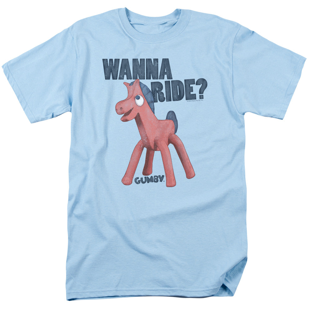 AN OFFCIALLY LICENSED GUMBY WANNA RIDE MEN'S REGULAR FIT T-SHIRT LIGHT BLUE
