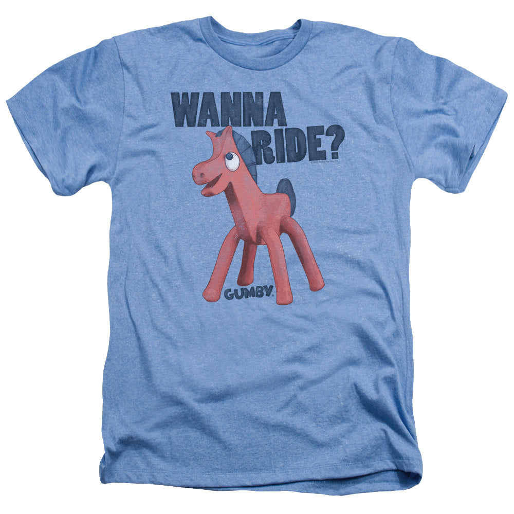 AN OFFCIALLY LICENSED GUMBY WANNA RIDE MEN'S HEATHER T-SHIRT LIGHT BLUE