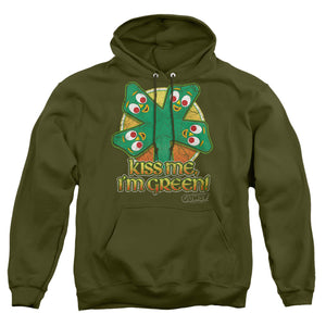 AN OFFCIALLY LICENSED GUMBY KISS ME ADULT UNISEX PULLOVER HOODIE MILITARY GREEN