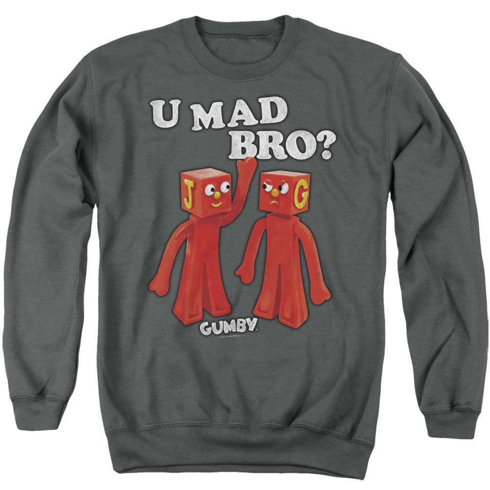 AN OFFCIALLY LICENSED GUMBY U MAD BRO ADULT UNISEX CREWNECK SWEATSHIRT CHARCOAL