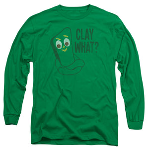 AN OFFCIALLY LICENSED GUMBY CLAY WHAT MEN'S LONG SLEEVE T-SHIRT KELLY GREEN
