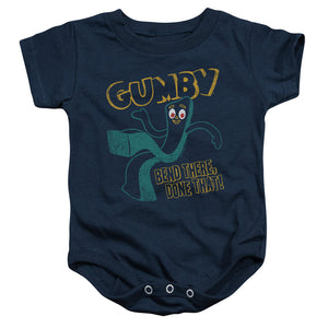 AN OFFCIALLY LICENSED GUMBY BEND THERE BABY BODYSUIT NAVY