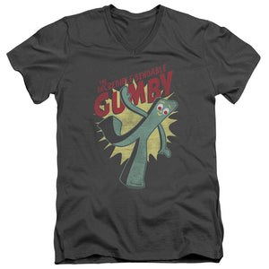 AN OFFCIALLY LICENSED GUMBY BENDABLE MEN'S V-NECK T-SHIRT CHARCOAL