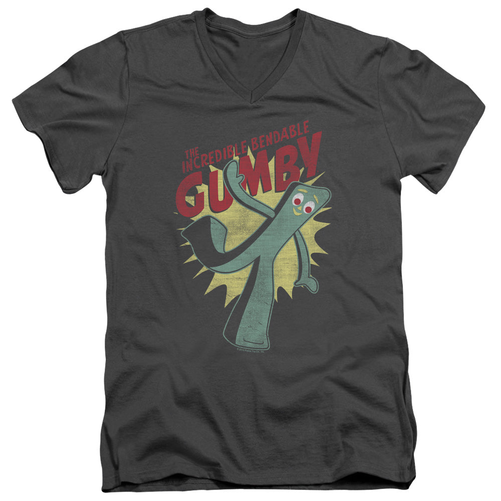 AN OFFCIALLY LICENSED GUMBY BENDABLE MEN'S V-NECK T-SHIRT CHARCOAL