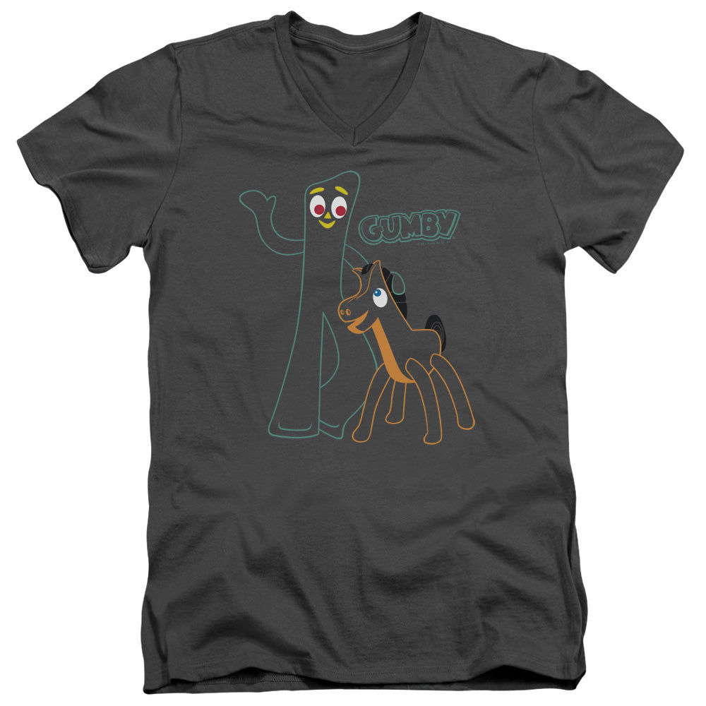 AN OFFCIALLY LICENSED GUMBY OUTLINES MEN'S V-NECK T-SHIRT CHARCOAL