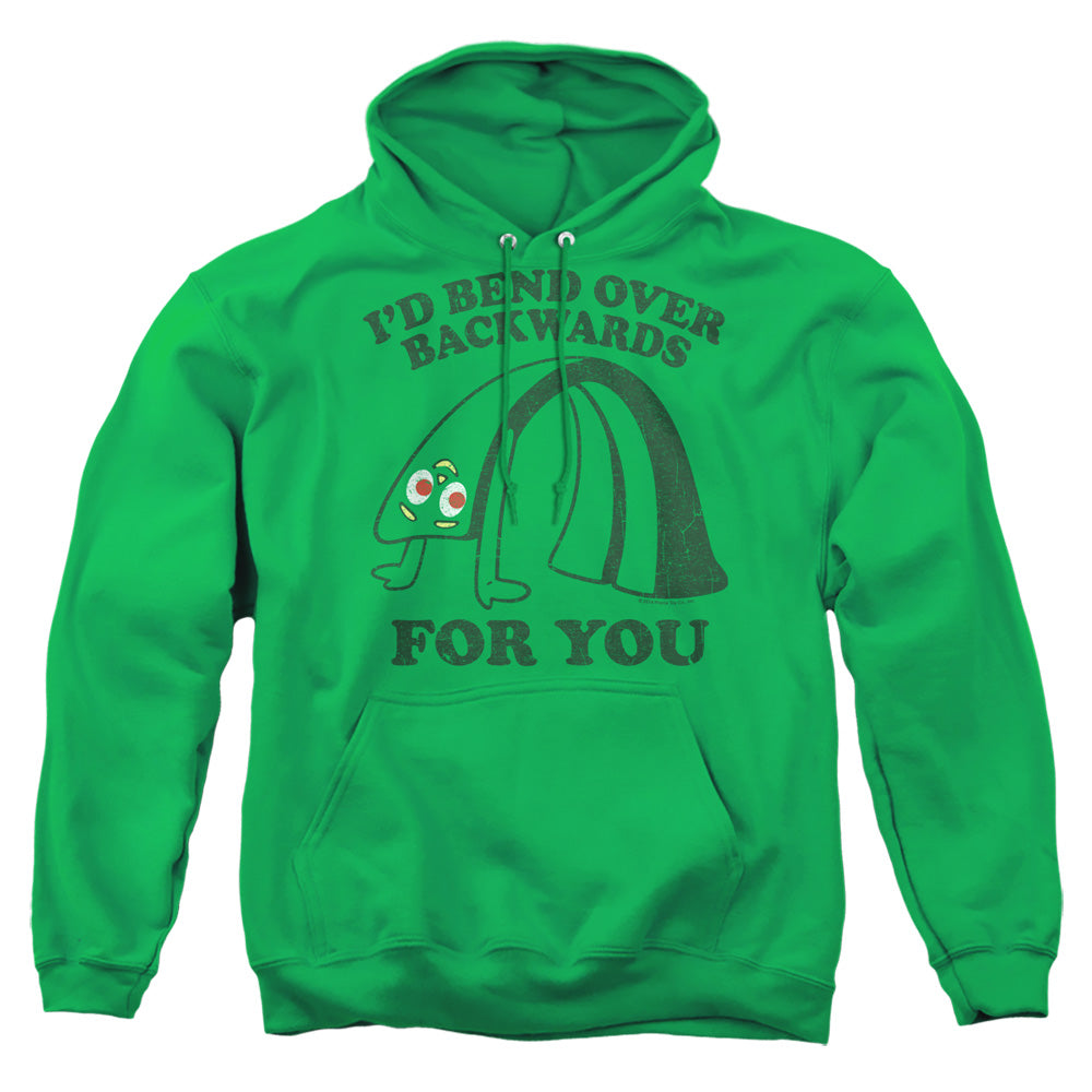 AN OFFCIALLY LICENSED GUMBY BEND BACKWARDS ADULT UNISEX PULLOVER HOODIE KELLY GREEN