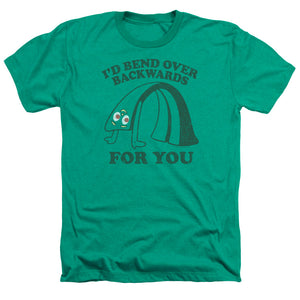 AN OFFCIALLY LICENSED GUMBY BEND BACKWARDS MEN'S HEATHER T-SHIRT KELLY GREEN