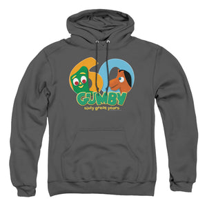 AN OFFCIALLY LICENSED GUMBY 60TH ADULT UNISEX PULLOVER HOODIE CHARCOAL