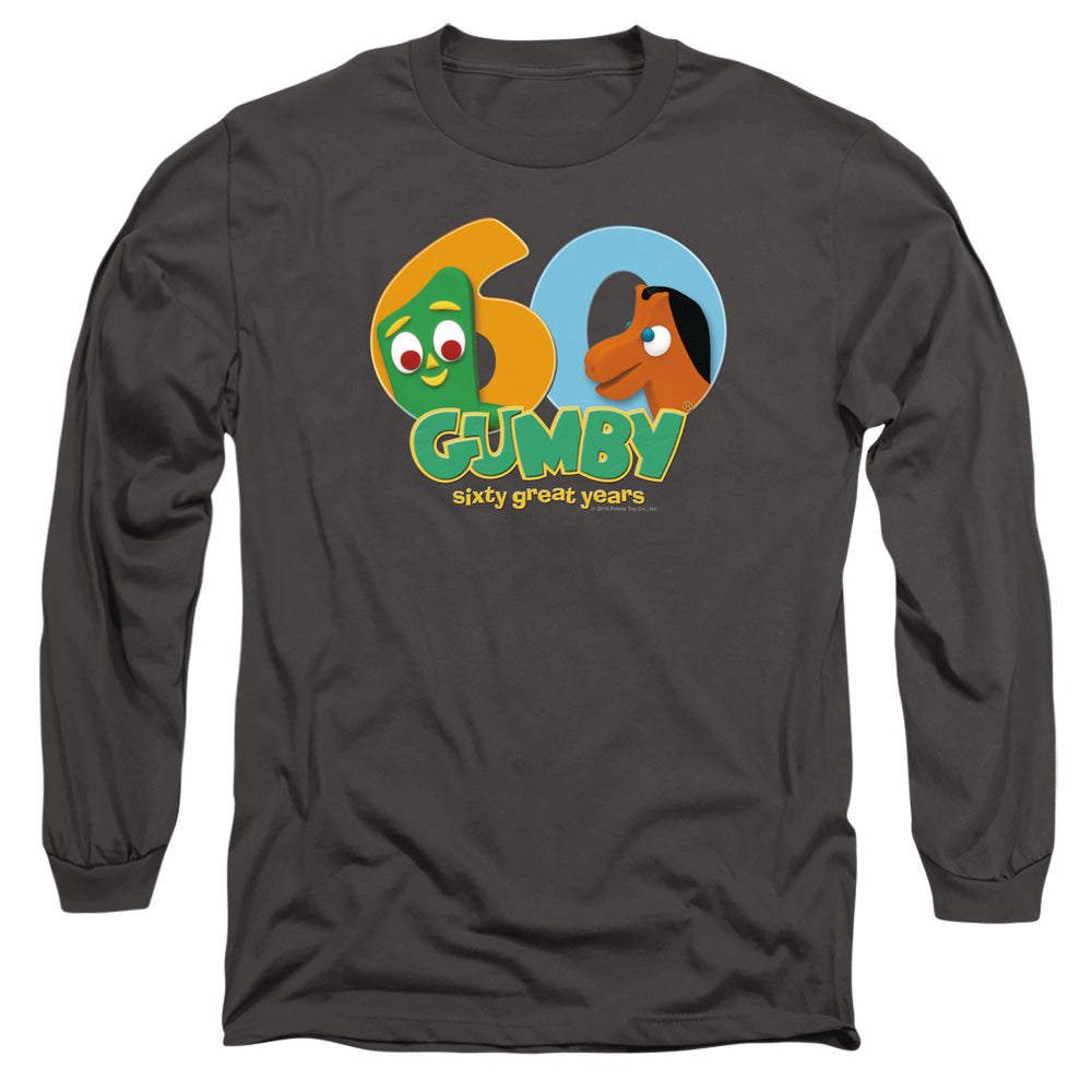 AN OFFCIALLY LICENSED GUMBY 60TH MEN'S LONG SLEEVE T-SHIRT CHARCOAL