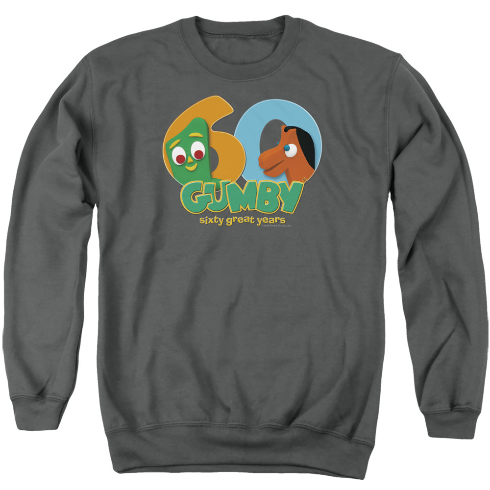 AN OFFCIALLY LICENSED GUMBY 60TH ADULT UNISEX CREWNECK SWEATSHIRT CHARCOAL