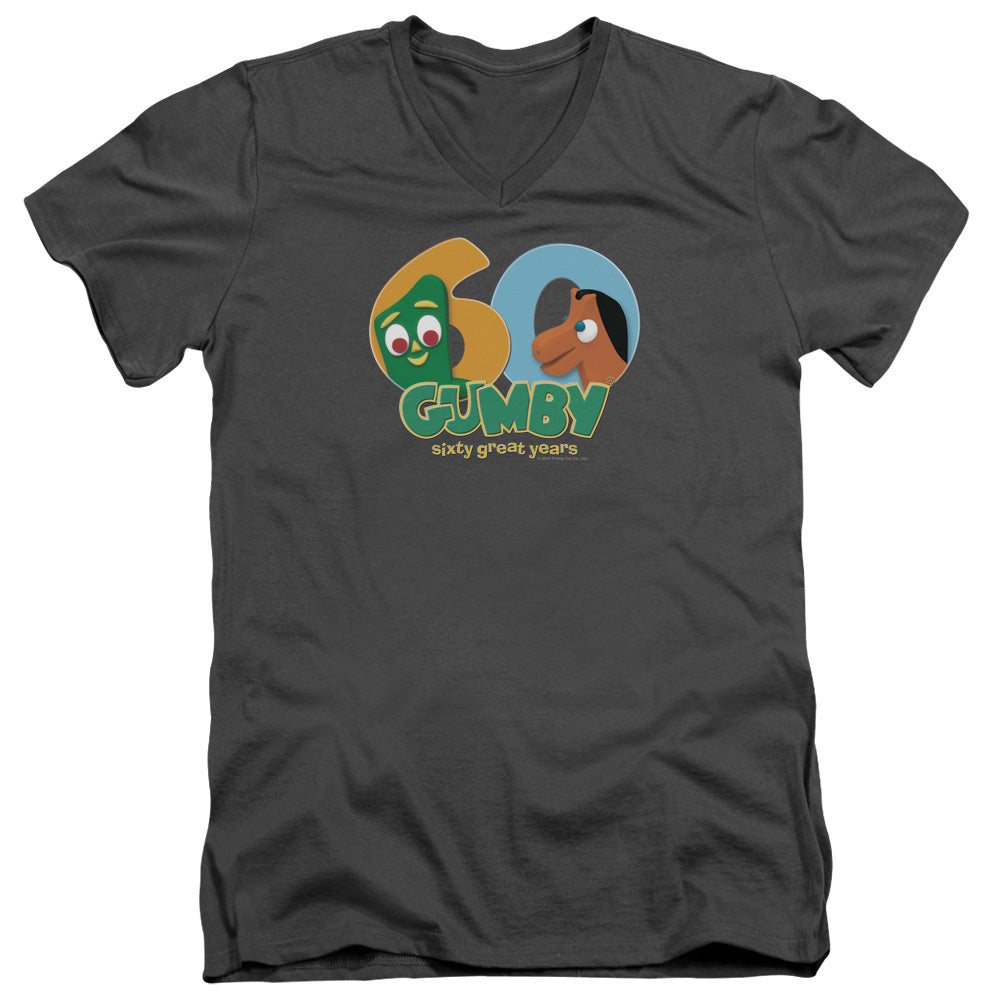 AN OFFCIALLY LICENSED GUMBY 60TH MEN'S V-NECK T-SHIRT CHARCOAL