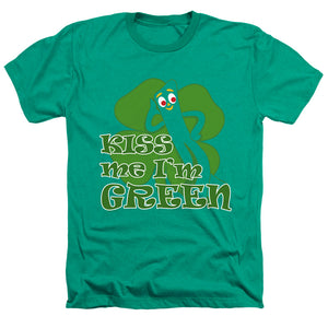 AN OFFCIALLY LICENSED GUMBY KISS ME IM GREEN MEN'S HEATHER T-SHIRT KELLY GREEN