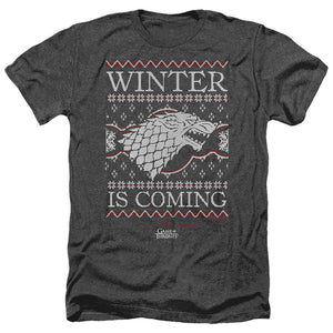 AN OFFCIALLY LICENSED GAME OF THRONES WINTER IS COMING UGLY CHRISTMAS MEN'S HEATHER T-SHIRT CHARCOAL