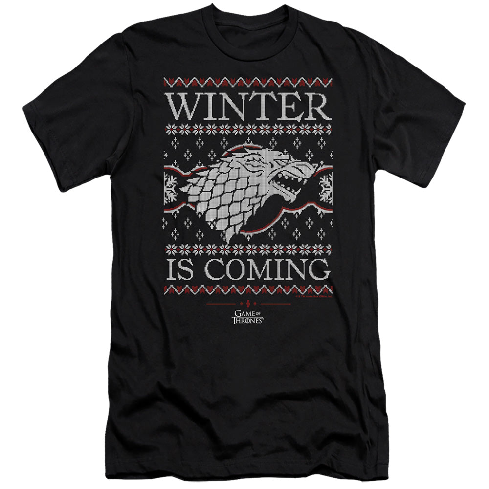 AN OFFCIALLY LICENSED GAME OF THRONES WINTER IS COMING UGLY CHRISTMAS MEN'S PREMIUM SLIM FIT T-SHIRT BLACK