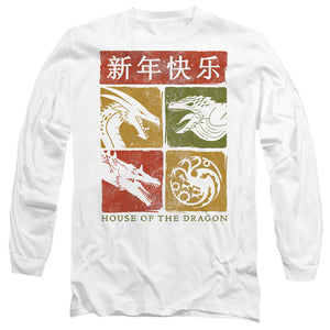 AN OFFCIALLY LICENSED HOUSE OF THE DRAGON YEAR OF THE DRAGON GRID MEN'S LONG SLEEVE T-SHIRT WHITE