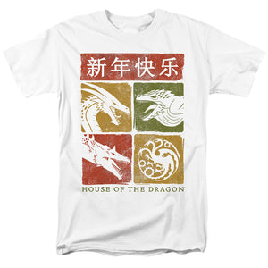 AN OFFCIALLY LICENSED HOUSE OF THE DRAGON YEAR OF THE DRAGON GRID MEN'S REGULAR FIT T-SHIRT WHITE