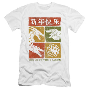 AN OFFCIALLY LICENSED HOUSE OF THE DRAGON YEAR OF THE DRAGON GRID MEN'S PREMIUM SLIM FIT T-SHIRT WHITE