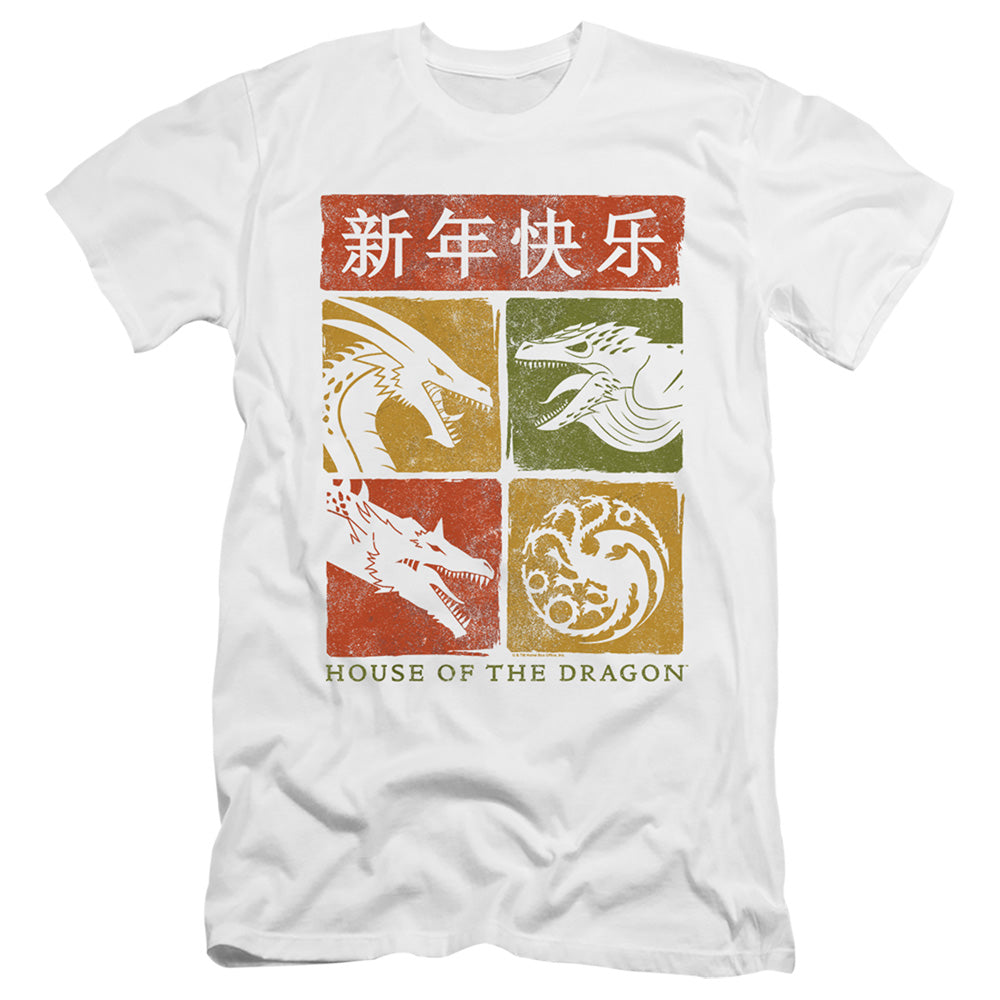 AN OFFCIALLY LICENSED HOUSE OF THE DRAGON YEAR OF THE DRAGON GRID MEN'S PREMIUM SLIM FIT T-SHIRT WHITE