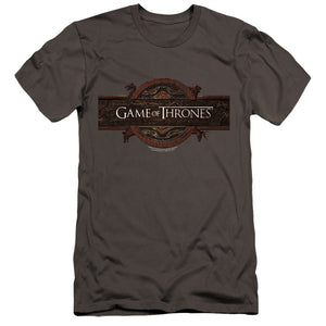 AN OFFCIALLY LICENSED GAME OF THRONES TITLE SEQUENCE LOGO MEN'S PREMIUM SLIM FIT T-SHIRT CHARCOAL