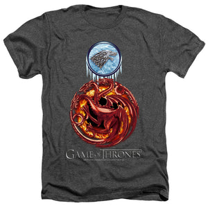 AN OFFCIALLY LICENSED GAME OF THRONES COMBINED TARGARYN AND STARK MEN'S HEATHER T-SHIRT CHARCOAL