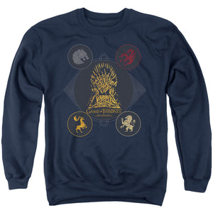 AN OFFCIALLY LICENSED GAME OF THRONES 4 HOUSES 4 THE THRONE ADULT UNISEX CREWNECK SWEATSHIRT NAVY