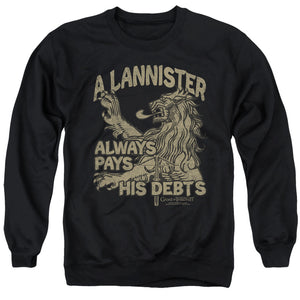 AN OFFCIALLY LICENSED GAME OF THRONES DEBTS ADULT UNISEX CREWNECK SWEATSHIRT BLACK