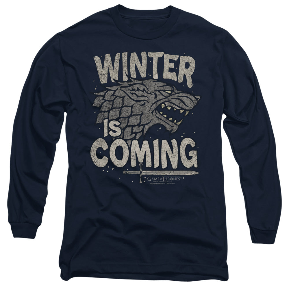 AN OFFCIALLY LICENSED GAME OF THRONES WINTER IS COMING MEN'S LONG SLEEVE T-SHIRT NAVY