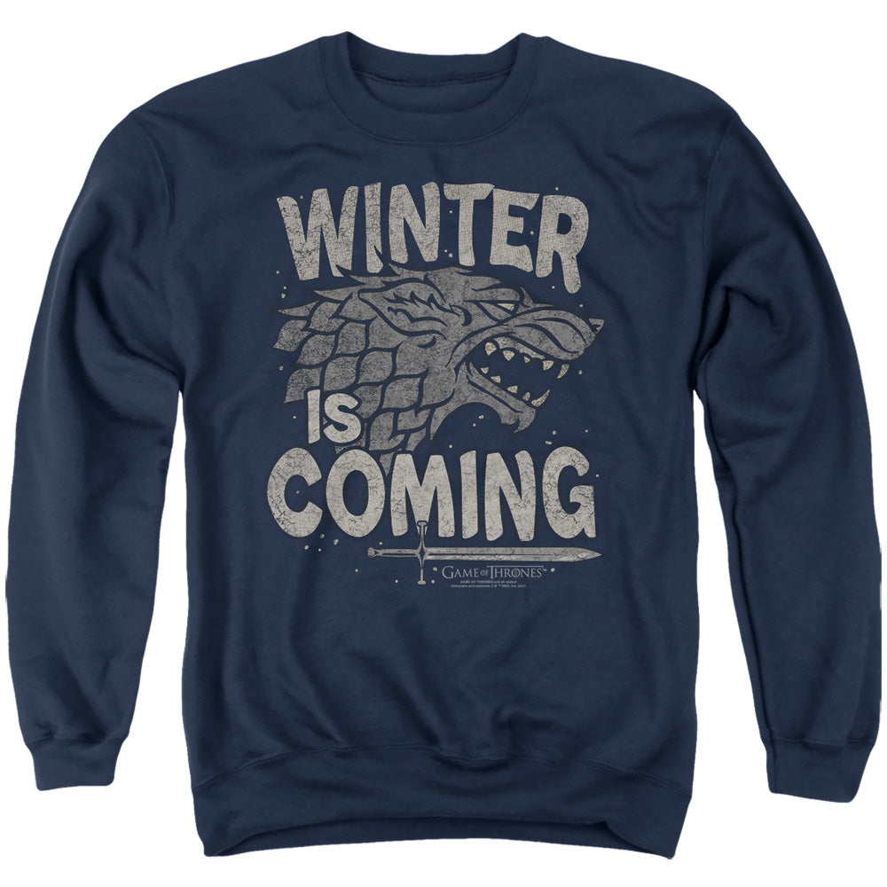 AN OFFCIALLY LICENSED GAME OF THRONES WINTER IS COMING ADULT UNISEX CREWNECK SWEATSHIRT NAVY