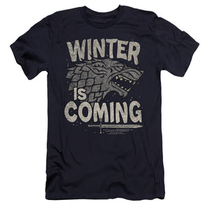 AN OFFCIALLY LICENSED GAME OF THRONES WINTER IS COMING MEN'S PREMIUM SLIM FIT T-SHIRT NAVY