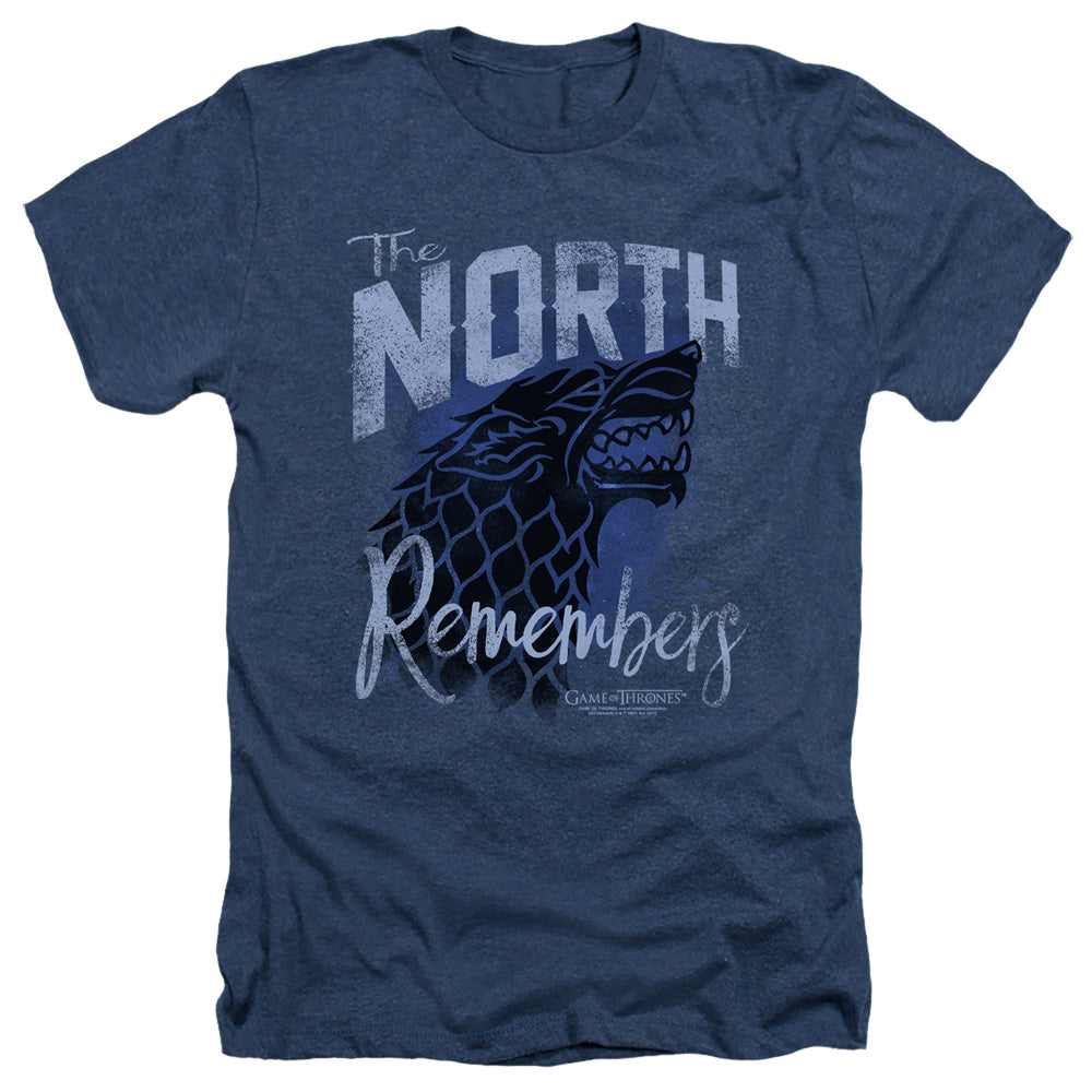 AN OFFCIALLY LICENSED GAME OF THRONES THE NORTH REMEMBERS MEN'S HEATHER T-SHIRT NAVY