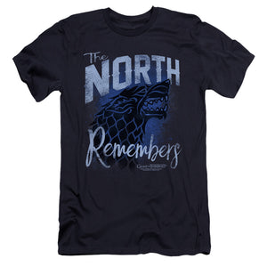 AN OFFCIALLY LICENSED GAME OF THRONES THE NORTH REMEMBERS MEN'S PREMIUM SLIM FIT T-SHIRT NAVY