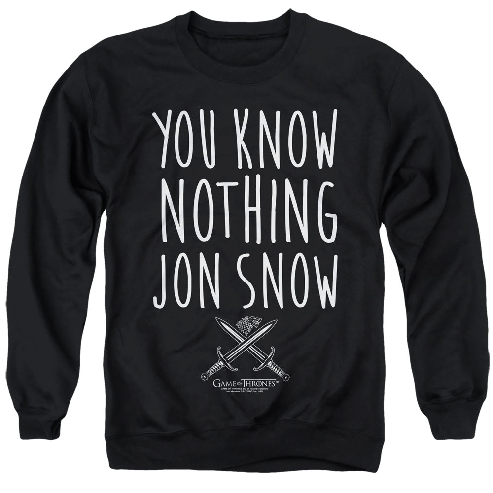AN OFFCIALLY LICENSED GAME OF THRONES YOU KNOW NOTHING JON SNOW ADULT UNISEX CREWNECK SWEATSHIRT BLACK