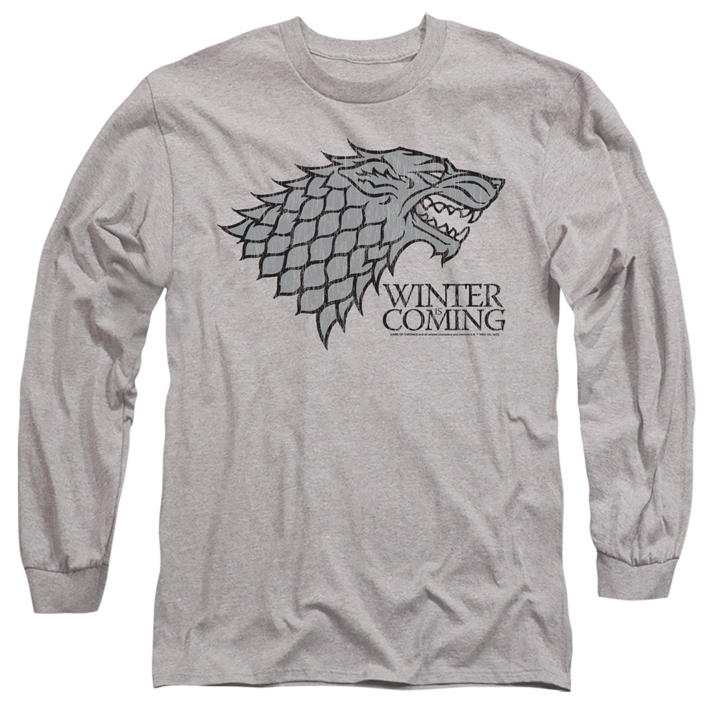 AN OFFCIALLY LICENSED GAME OF THRONES STARTK WINTER IS COMING ON GRAY MEN'S LONG SLEEVE T-SHIRT ATHLETIC HEATHER