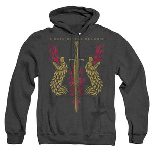 AN OFFCIALLY LICENSED HOUSE OF THE DRAGON SWORD AND DRAGON HEADS ADULT UNISEX HEATHER PULLOVER HOODIE BLACK
